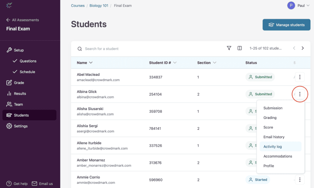 Student menu open with 'Activity log' highlighted.