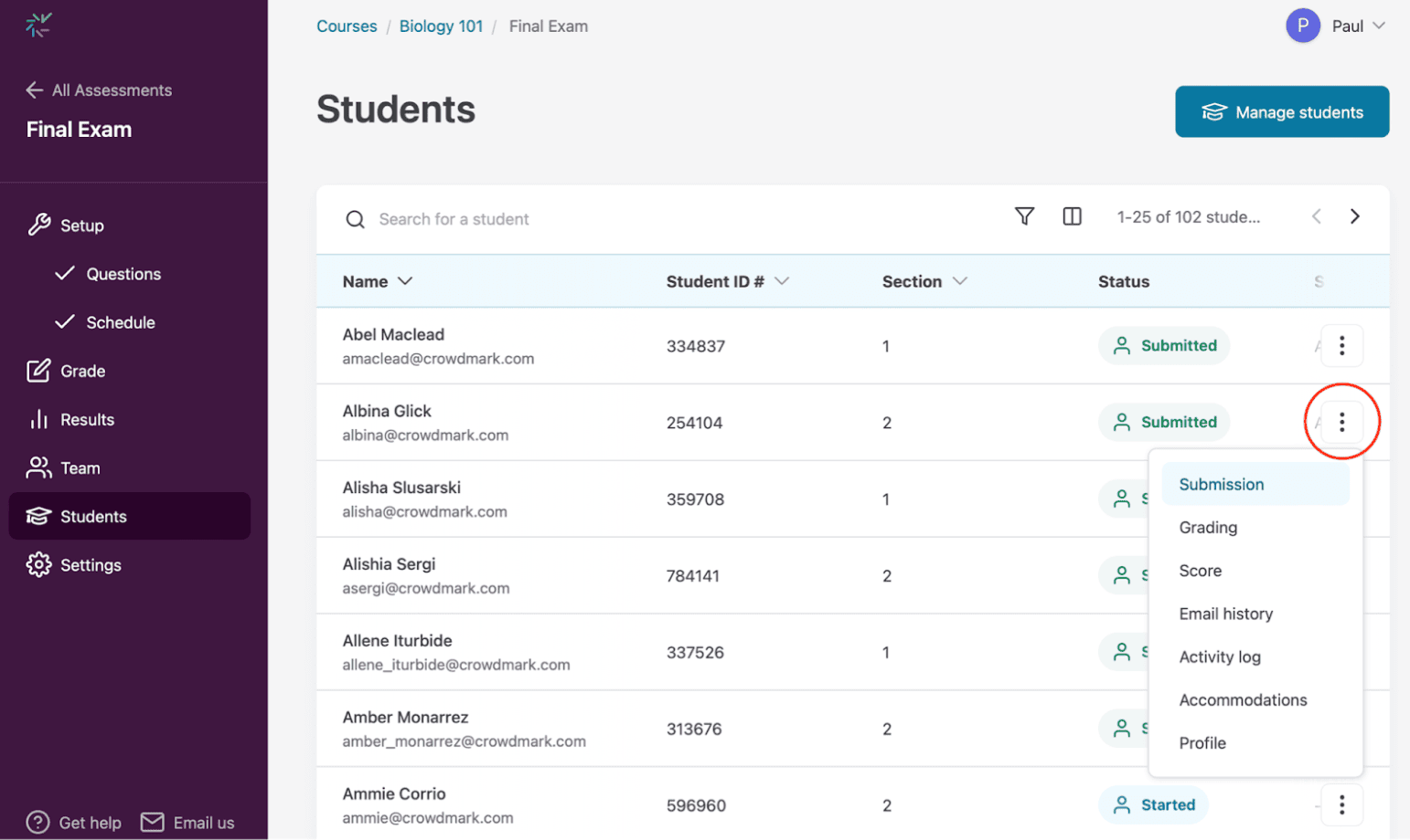 Student menu open with 'Submission' highlighted.